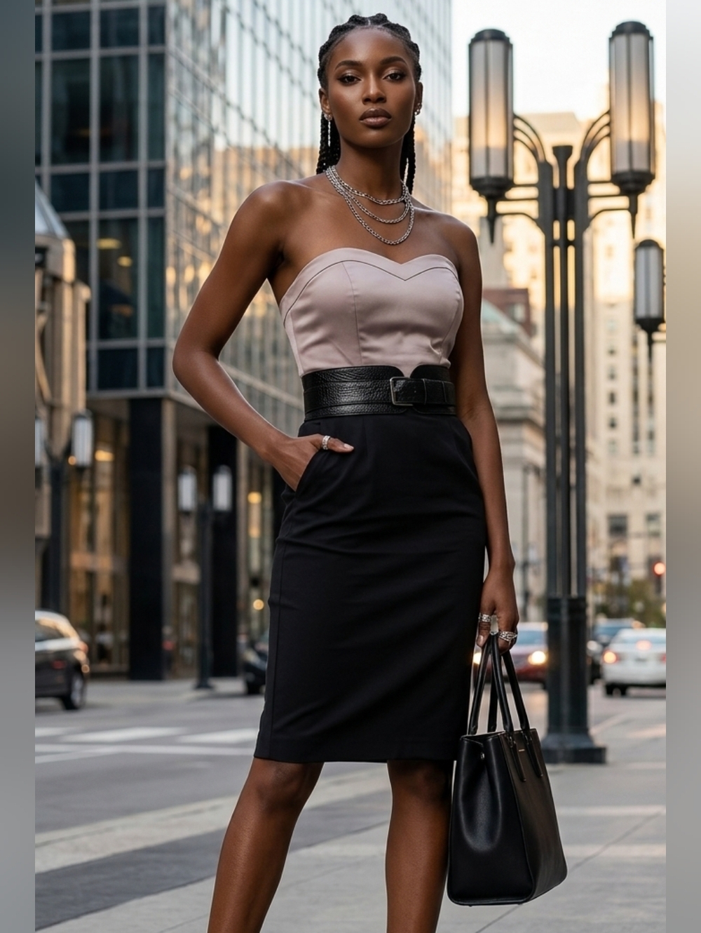 H&M Women's Size 4 Strapless Dress Bandeau Taupe/Black Pencil Skirt Colorblock